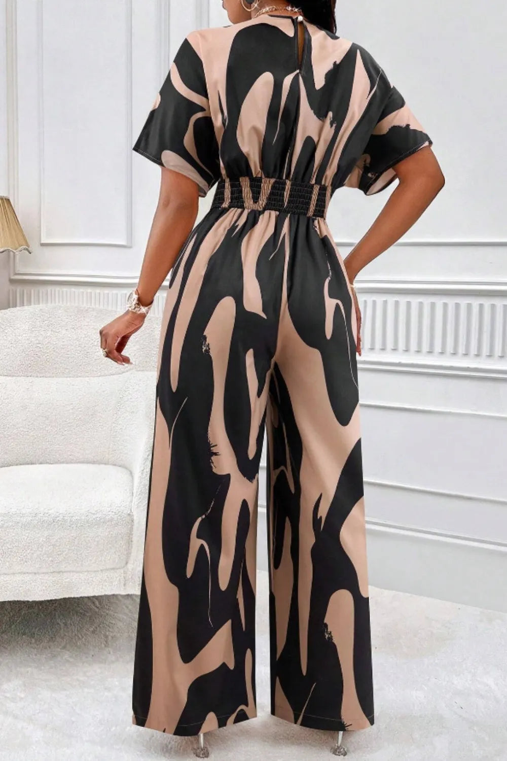 Printed V-Neck Wide Leg Jumpsuit