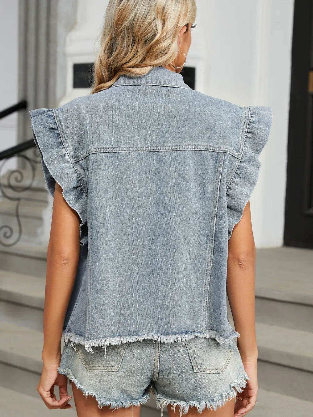 Cap Sleeve Raw Hem Denim Jacket by Manny