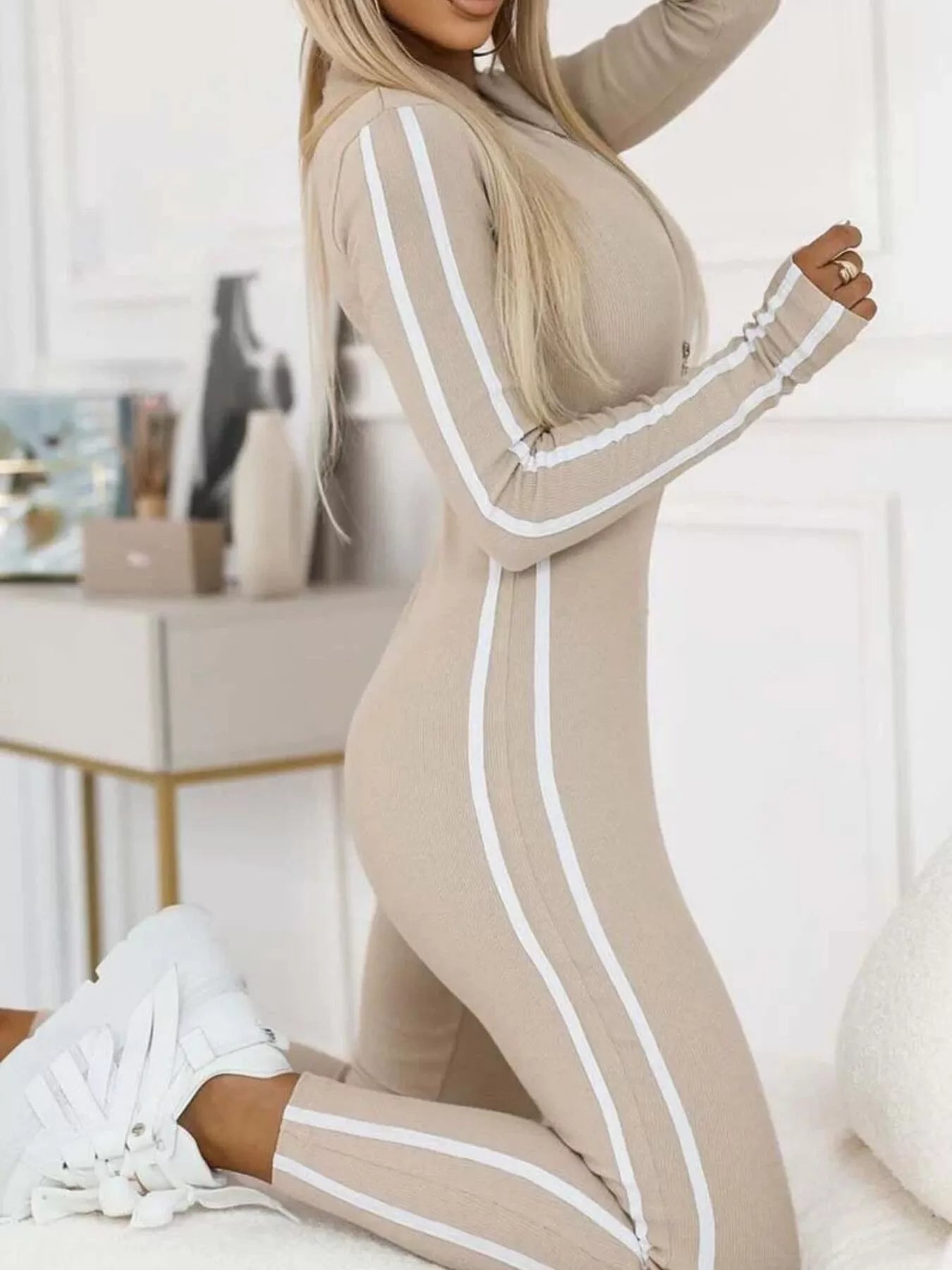 Striped Zip-Front Long Sleeve Jumpsuit