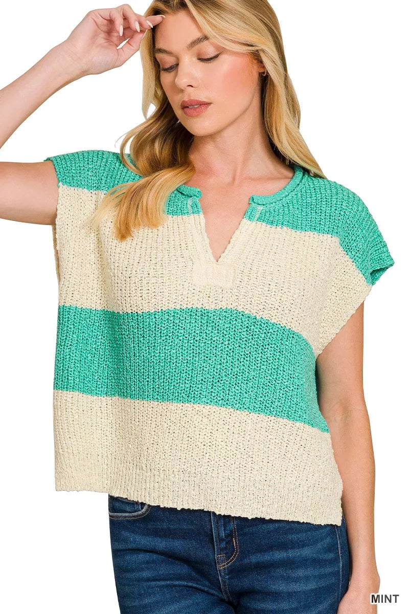 Zenana Split Neck Sleeveless Sweater in Mint
