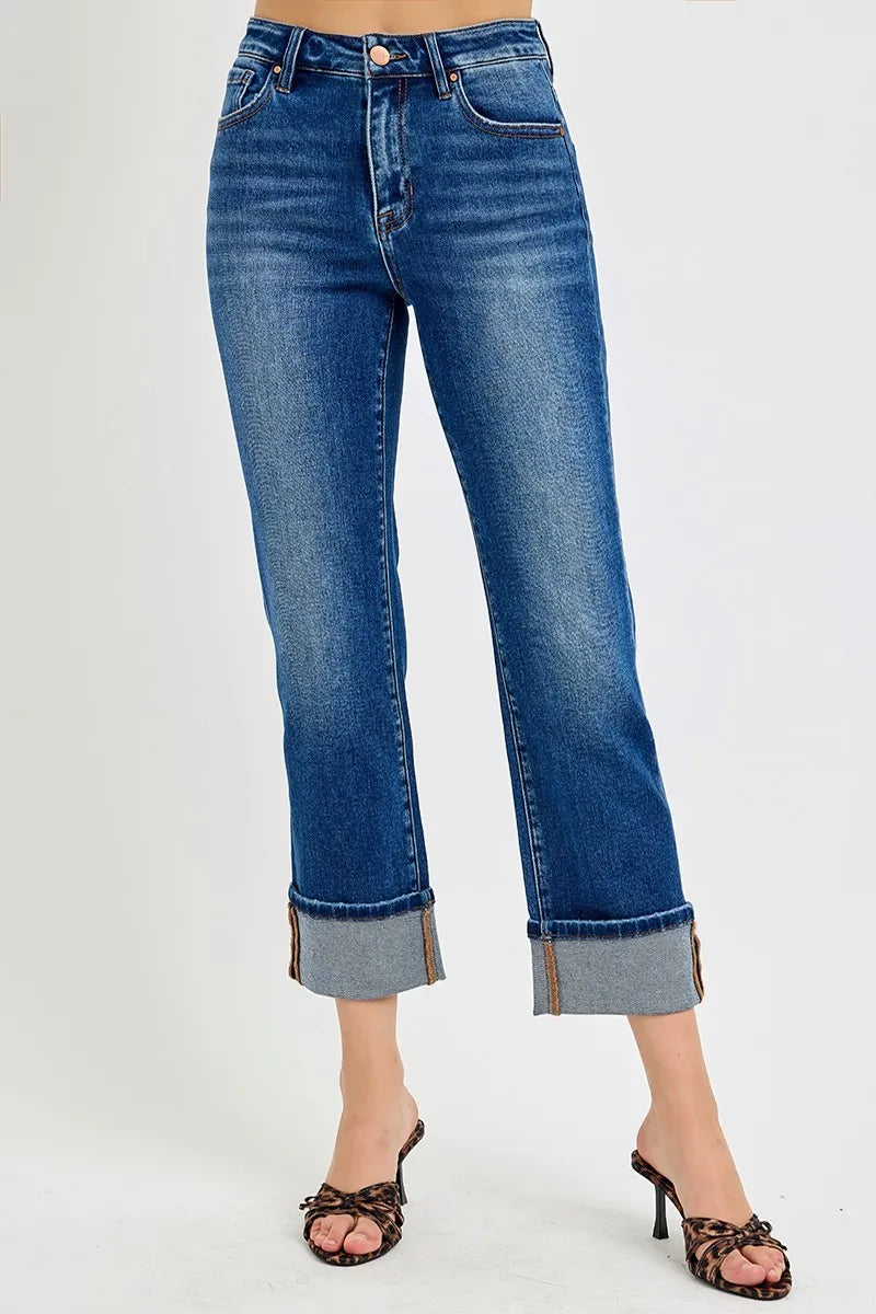 Risen High Rise Ankle Straight Jeans in Dark Wash
