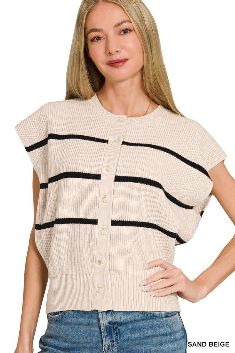 Zenana Striped Button-Down Sweater Vest in Sand Beige