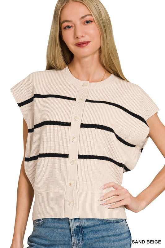 Zenana Striped Button-Down Sweater Vest in Sand Beige