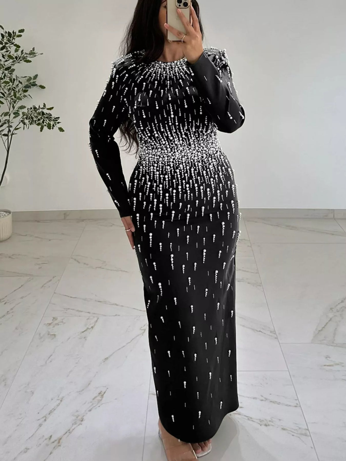 Pearl Detail Long Sleeve Maxi Dress in Black