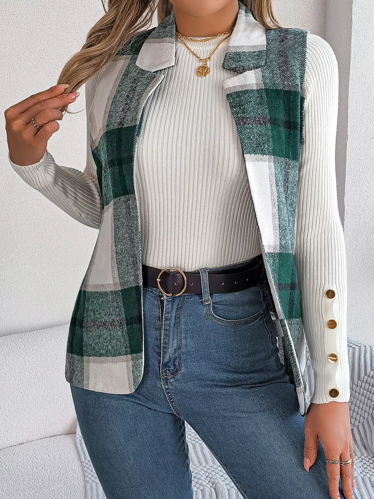 Plaid Open-Front Vest by Clise