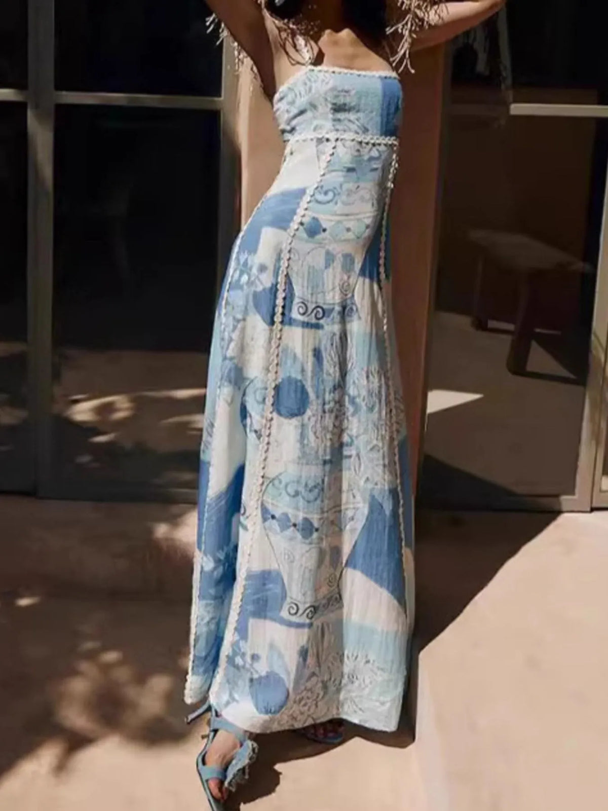 Printed Square Neck Cami Dress in Light Blue