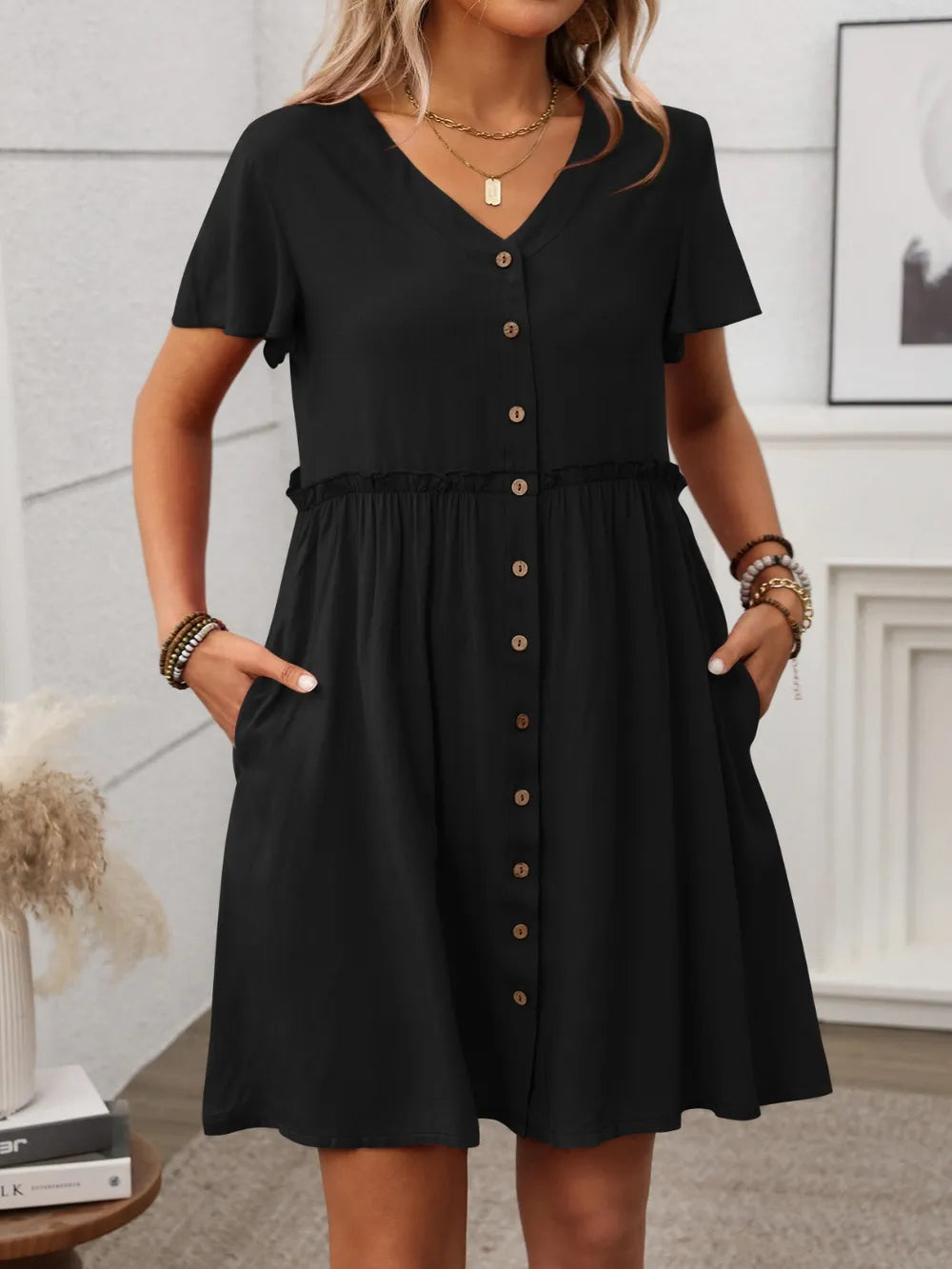 Button Front Flutter Sleeve Dress with Frill Detail