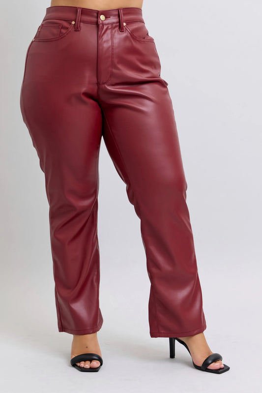 Judy Blue Tummy Control Faux Leather Straight Pants in Red