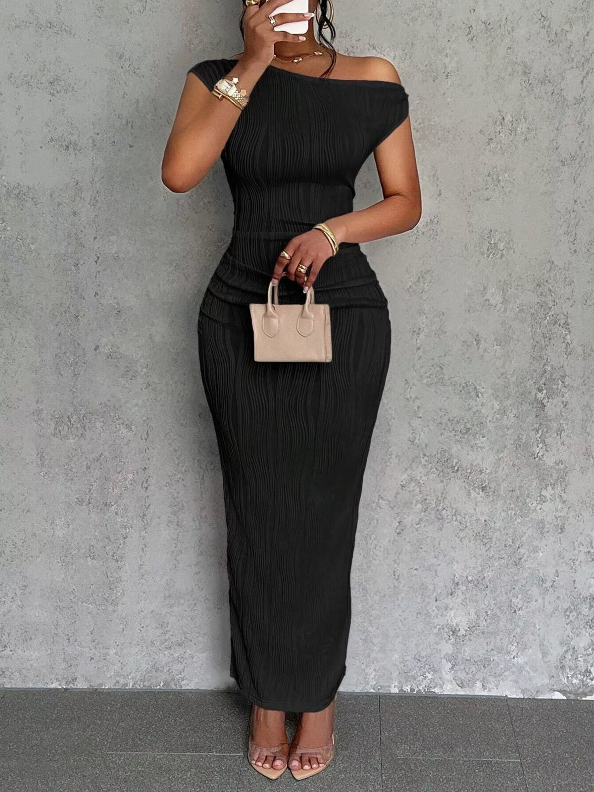 One-Shoulder Textured Ruched Maxi Dress