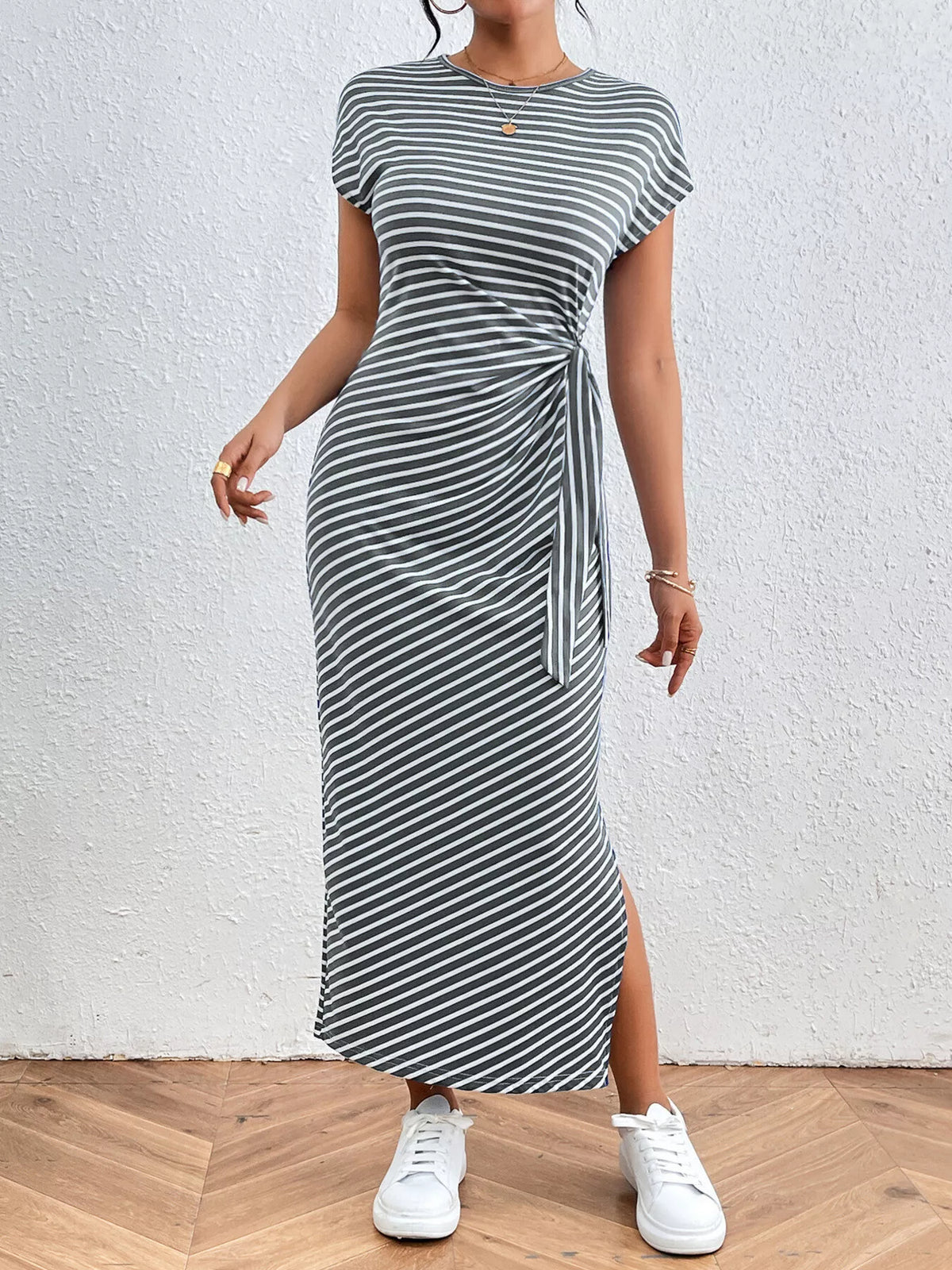 Striped Tie-Side Midi Dress
