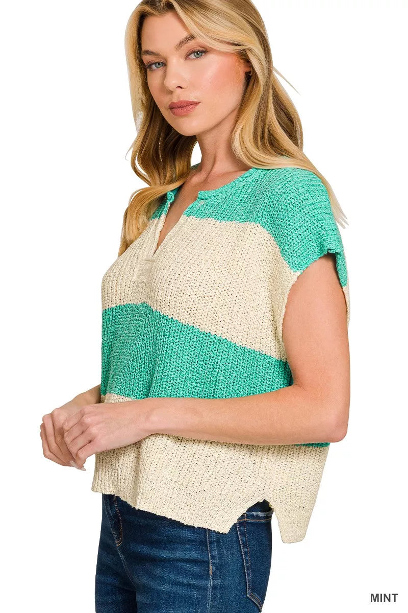 Zenana Split Neck Sleeveless Sweater in Mint