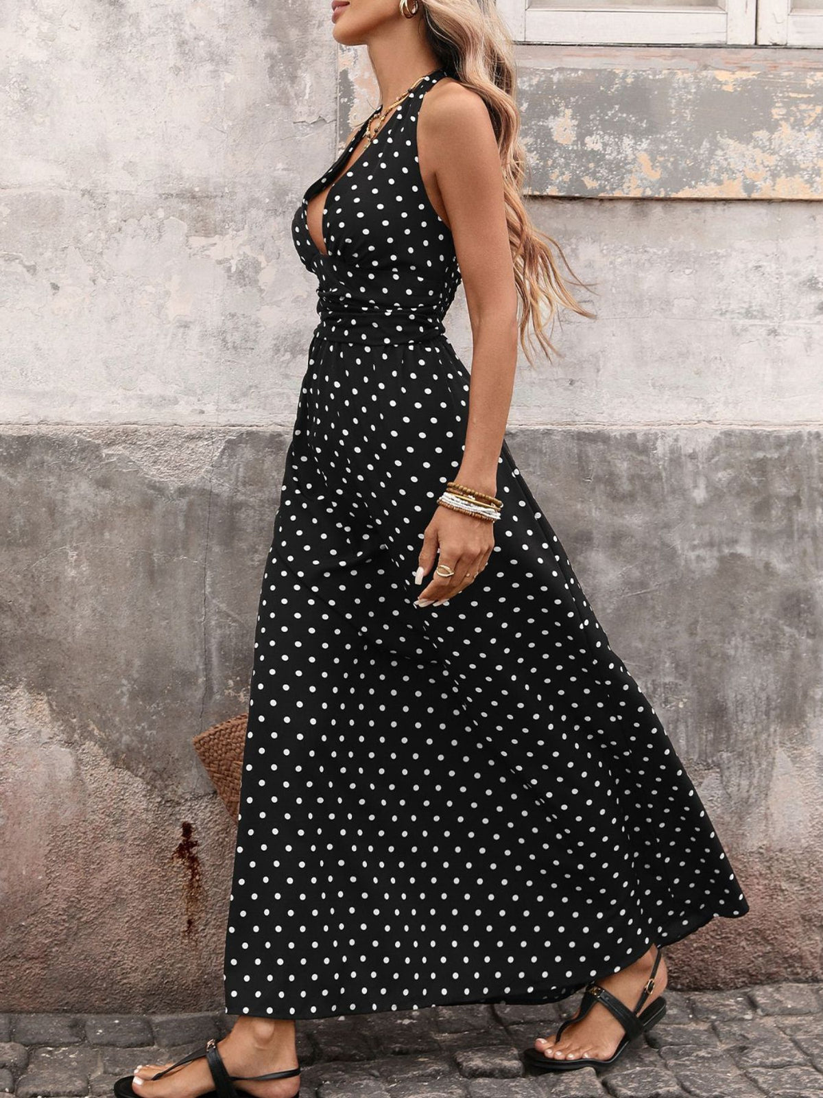 Polka Dot Tie Halter Neck Maxi Dress