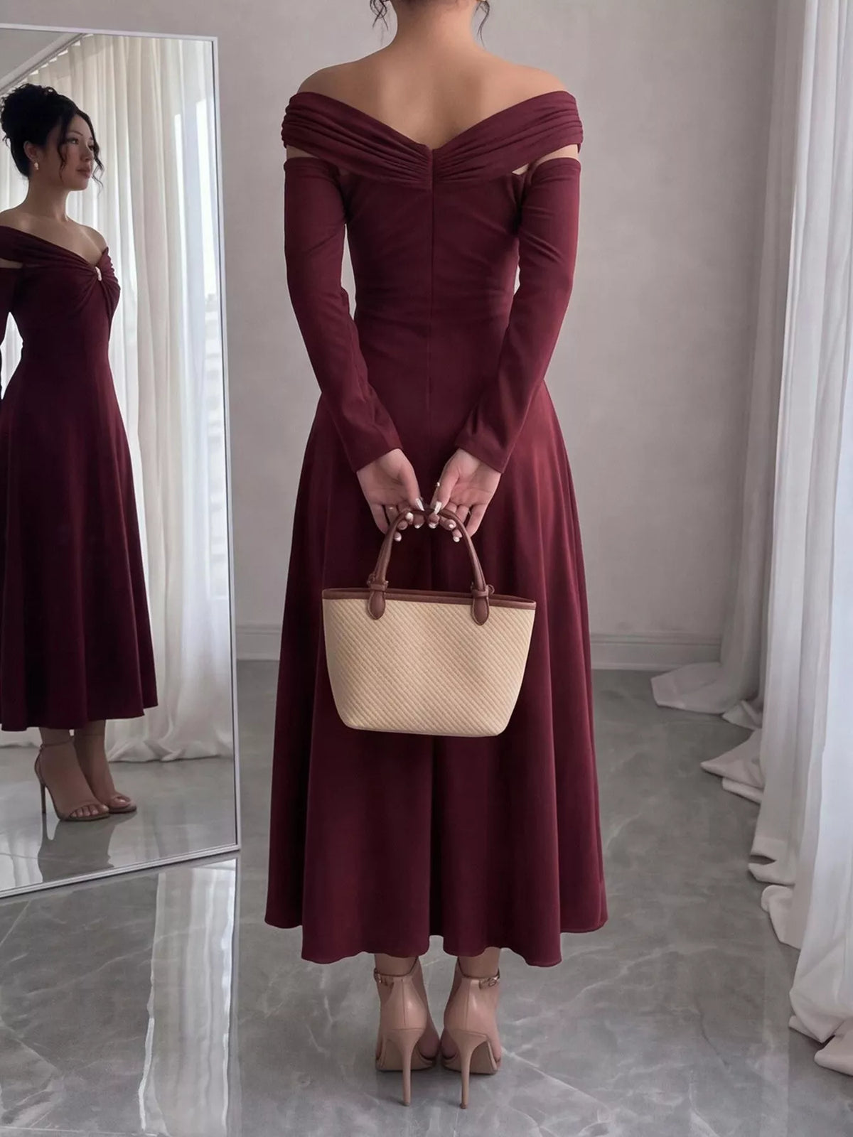Ruched Off-Shoulder Long-Sleeve Maxi Dress in Burgundy