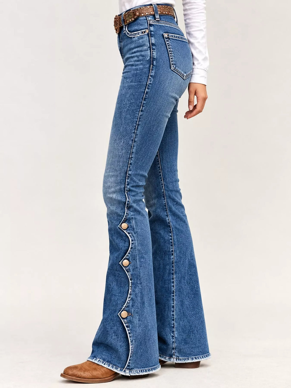 High-Waisted Button-Side Flare Jeans in Dark Blue