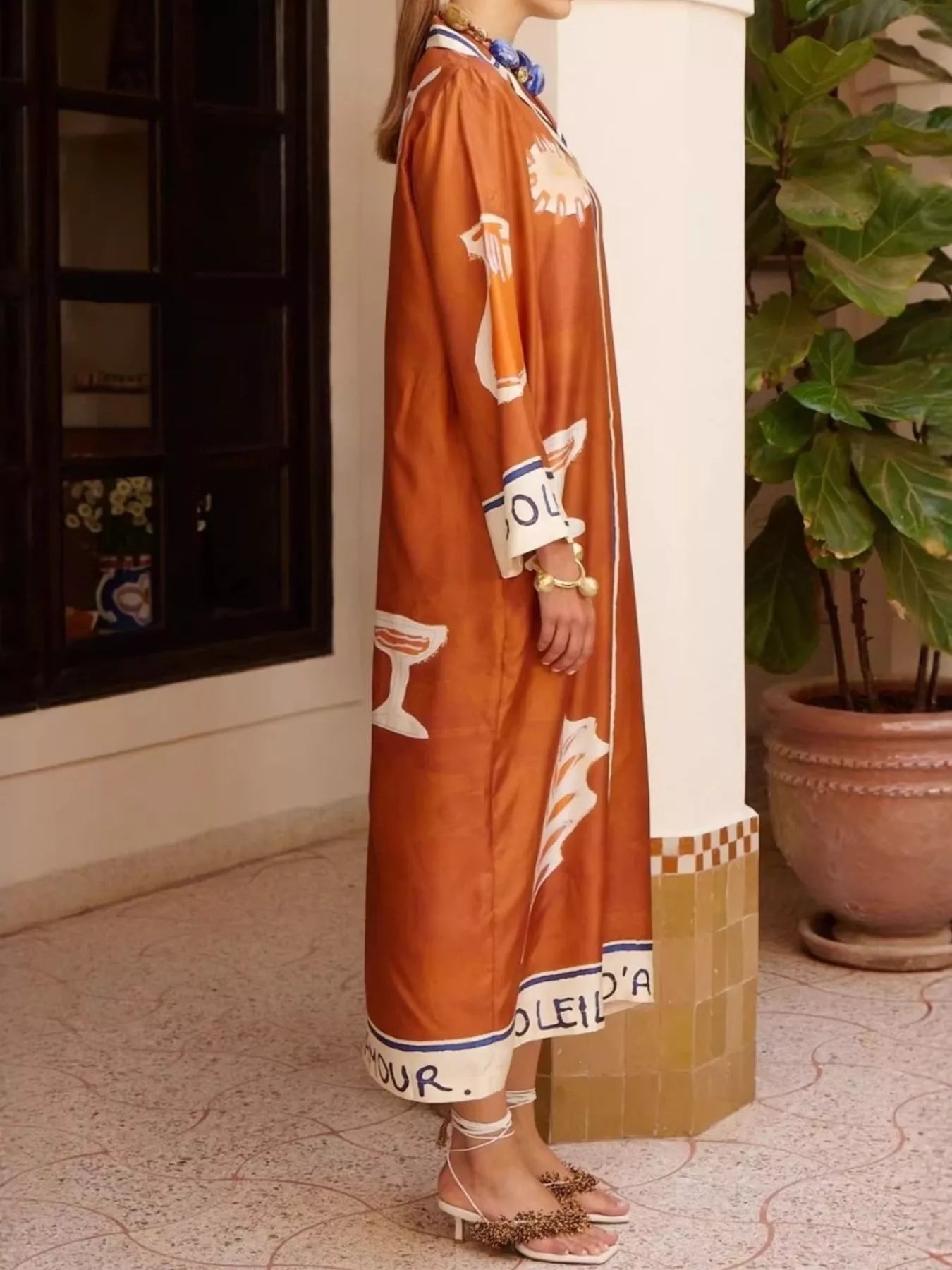 Contrast-Trim Button-Down Shirt Dress in Ochre