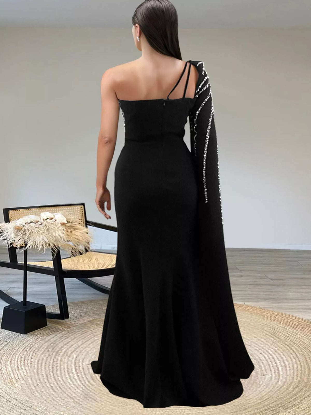 Rhinestone Pearl One-Shoulder Mermaid Dress in Black