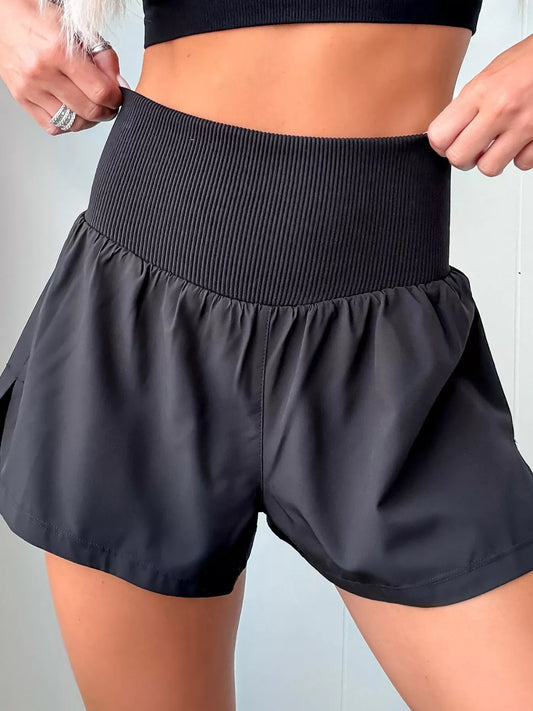 Ribbed Patchwork High-Waist Athletic Shorts in Black