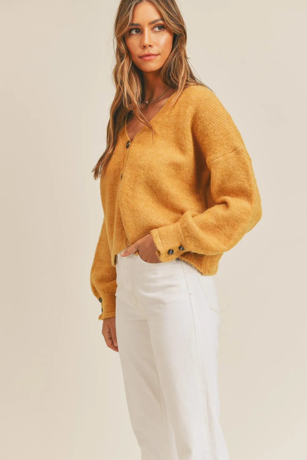 Button-Down Sweater Cardigan in Mustard