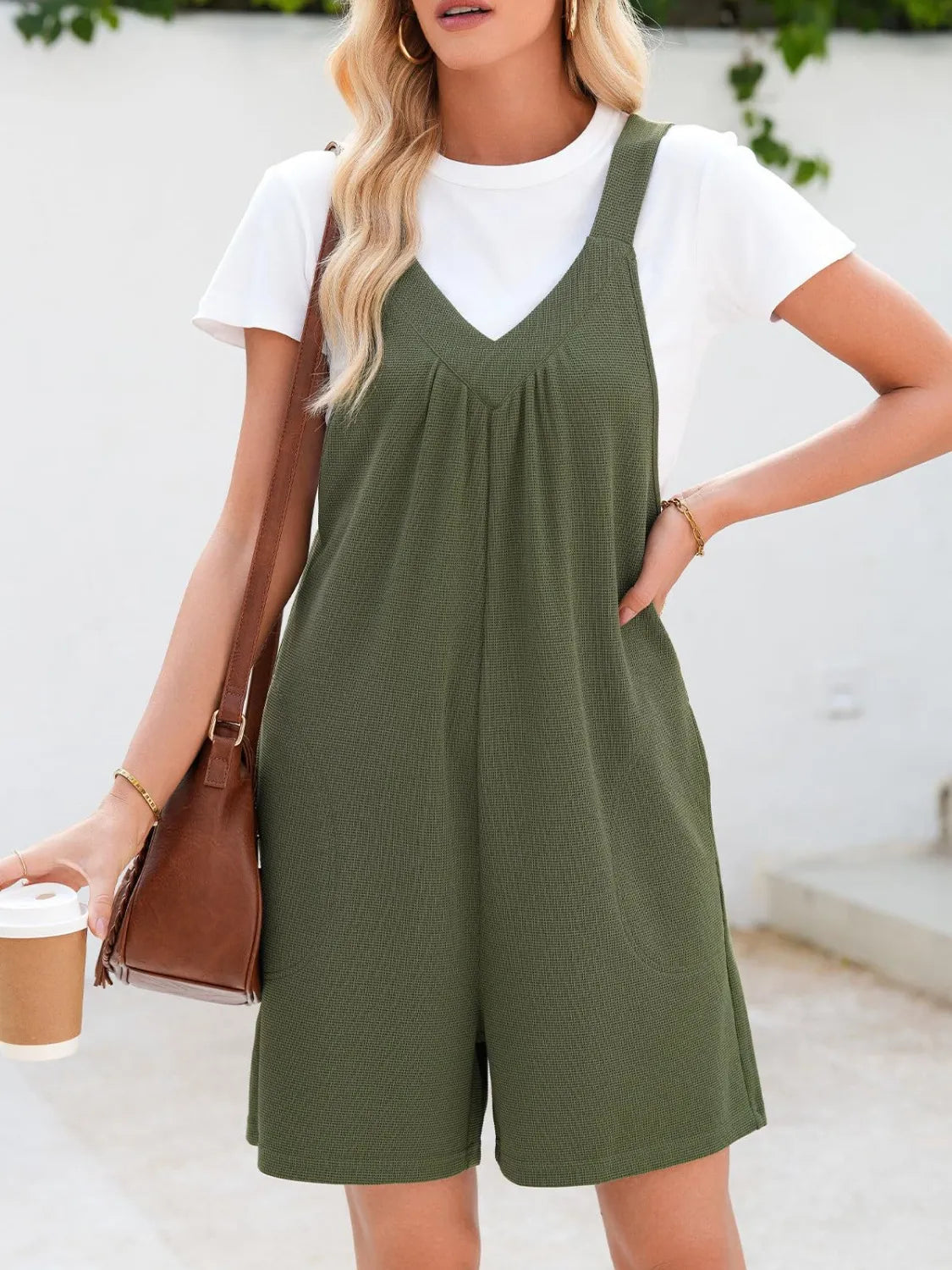 V-Neck Wide Strap Romper with Pockets
