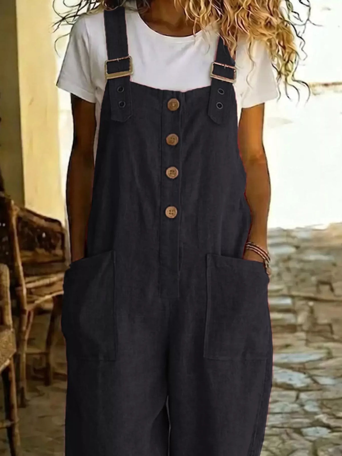 Button Front Wide Leg Overalls