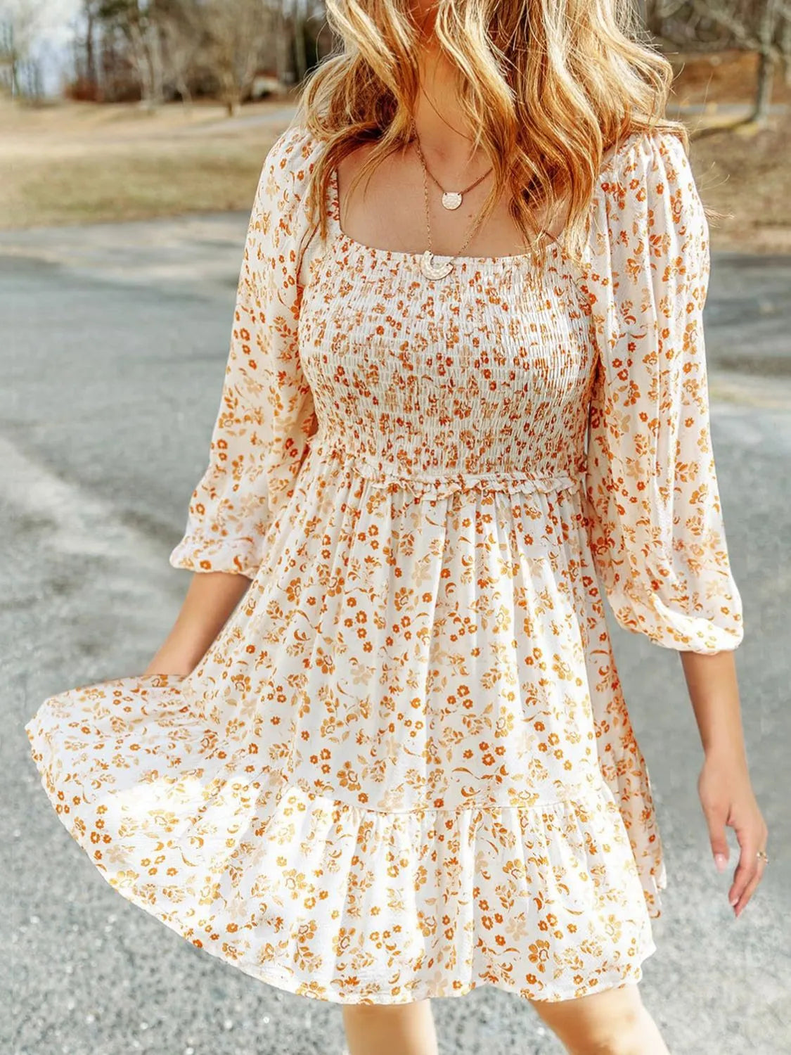 Smocked Floral Square Neck Dress in Apricot