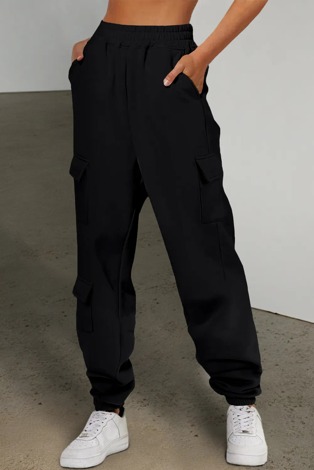 Pocketed Elastic-Waist Joggers in Black
