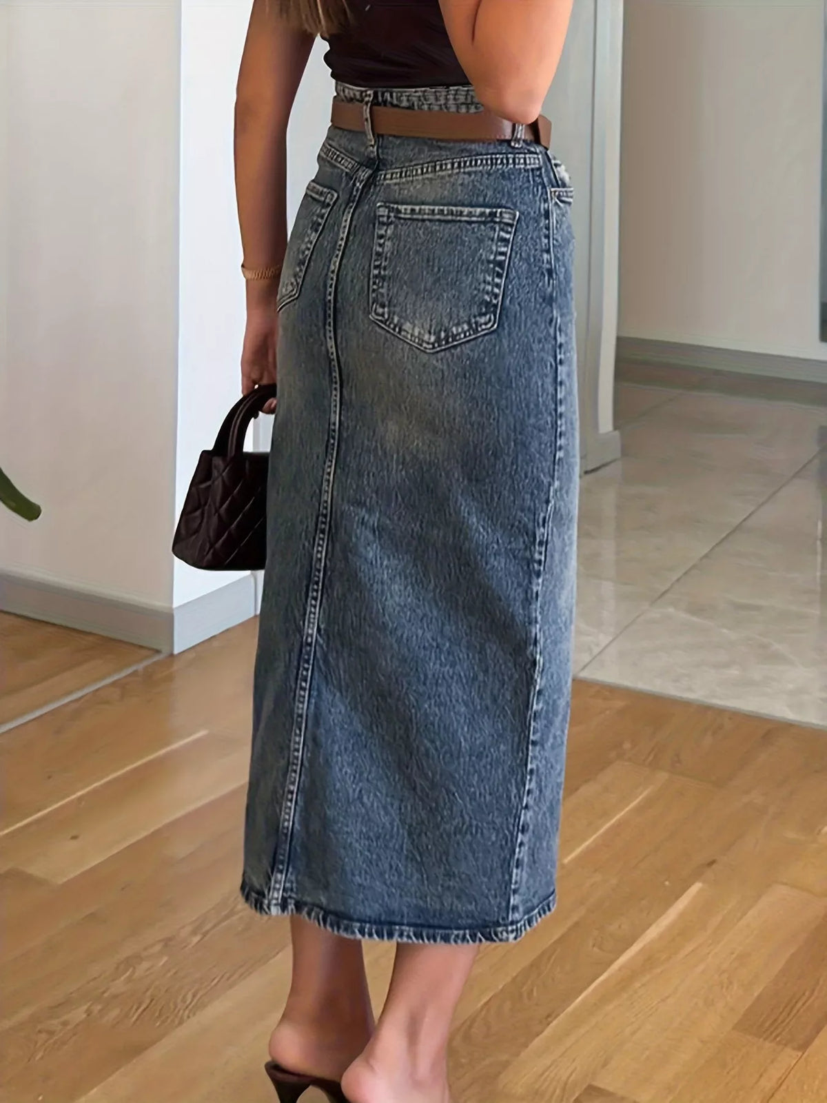 Pocketed Slit Front Denim Skirt in Medium by Lone Star Lady