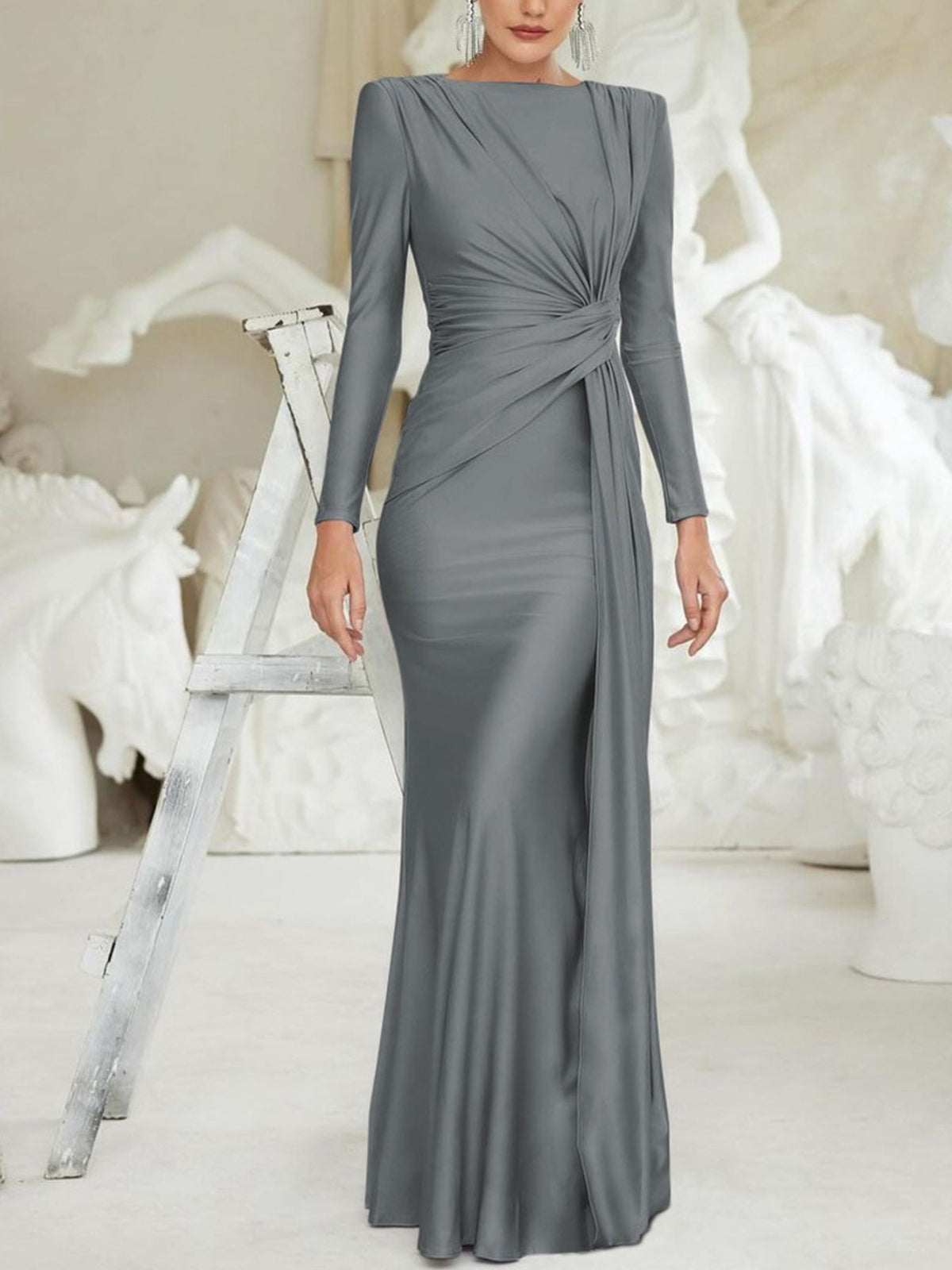 Ruched Knot-Front Long Sleeve Maxi Dress