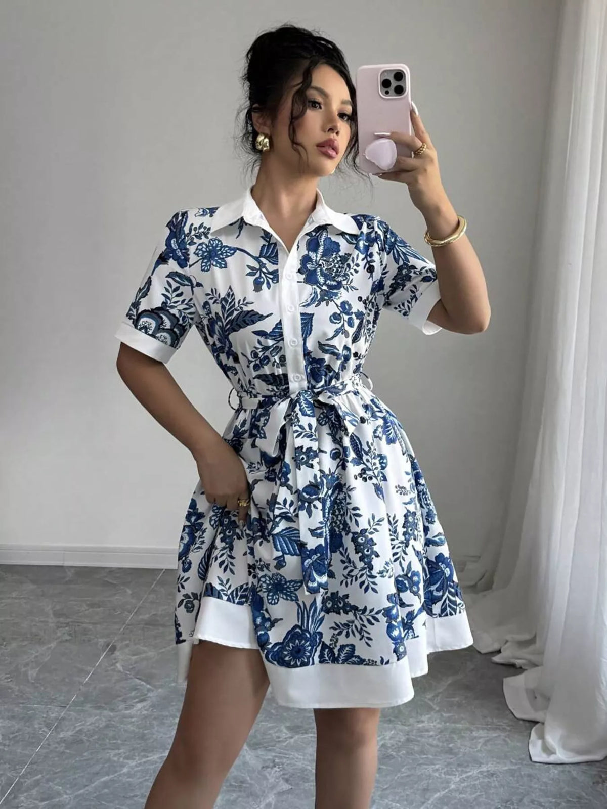 Belted Button-Front Mini Dress