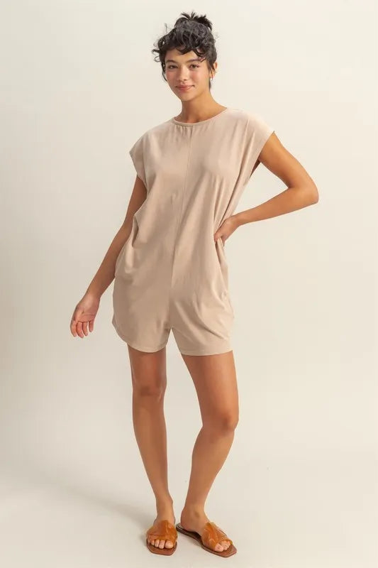 Hyfve Round Neck Cap Sleeve Romper in Tan