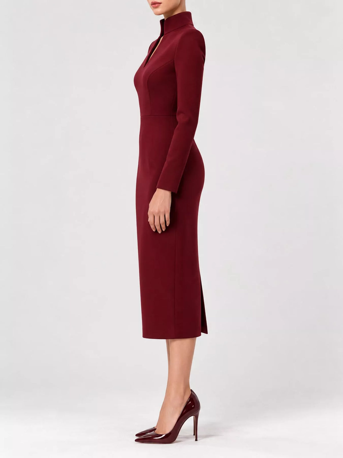 Plus Size Stand-Collar Long-Sleeve Midi Dress