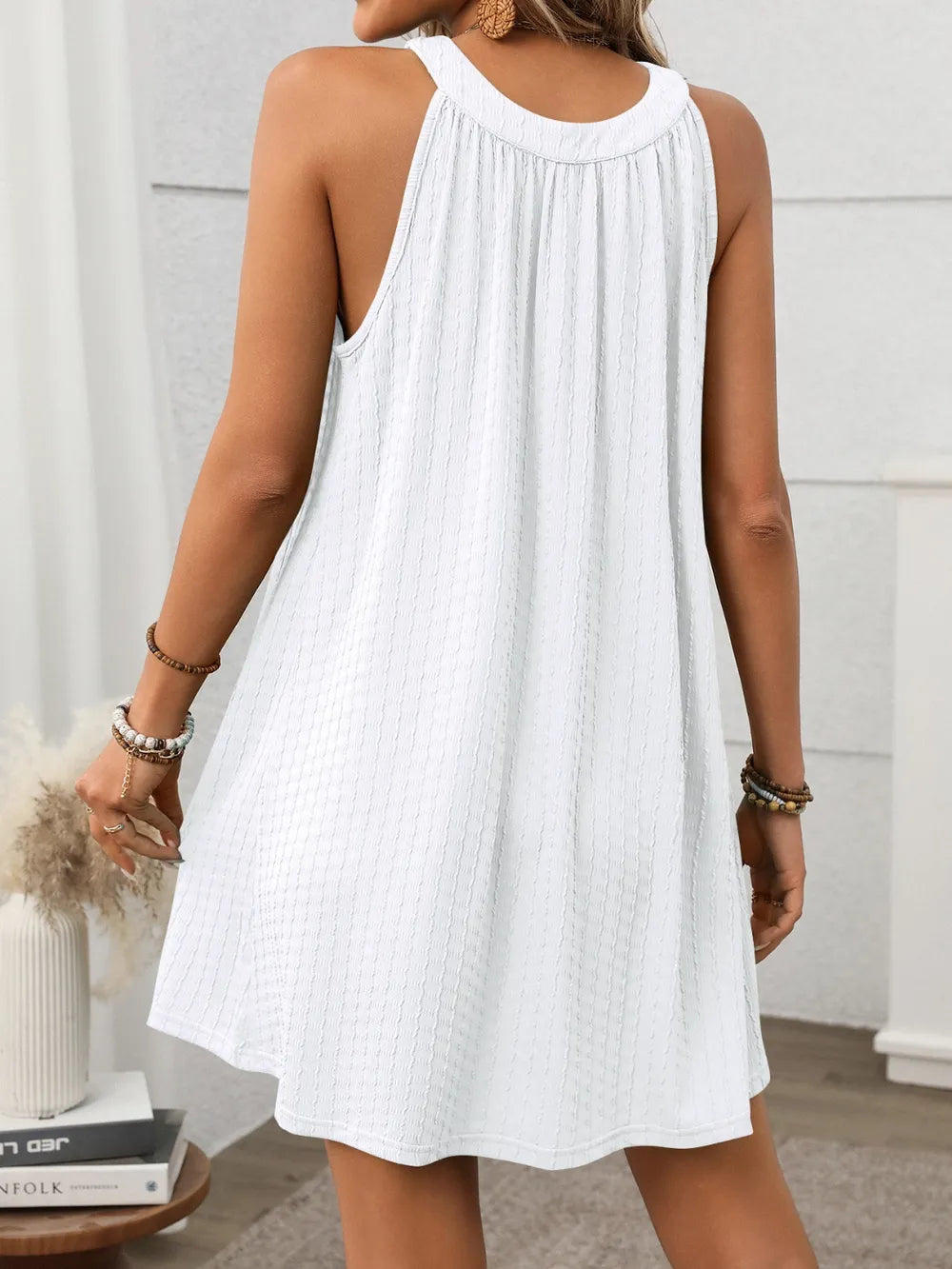 Textured Grecian Neck Mini Dress