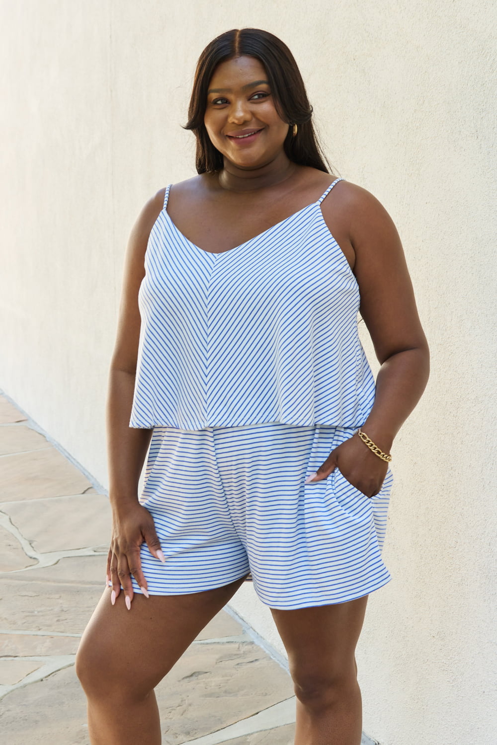 Culture Code Double Flare Striped Romper in Cobalt Blue