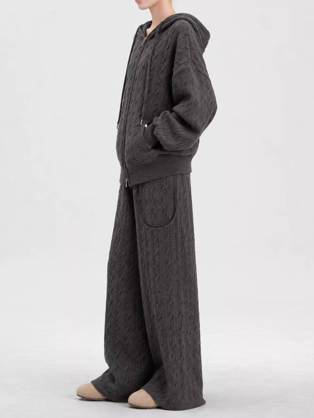 Cable Knit Zip-Up Hooded Cardigan and Wide-Leg Pants Set