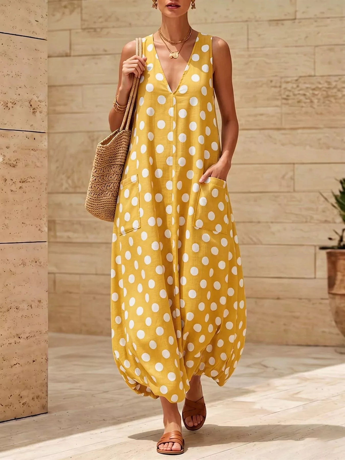 Polka Dot V-Neck Maxi Dress