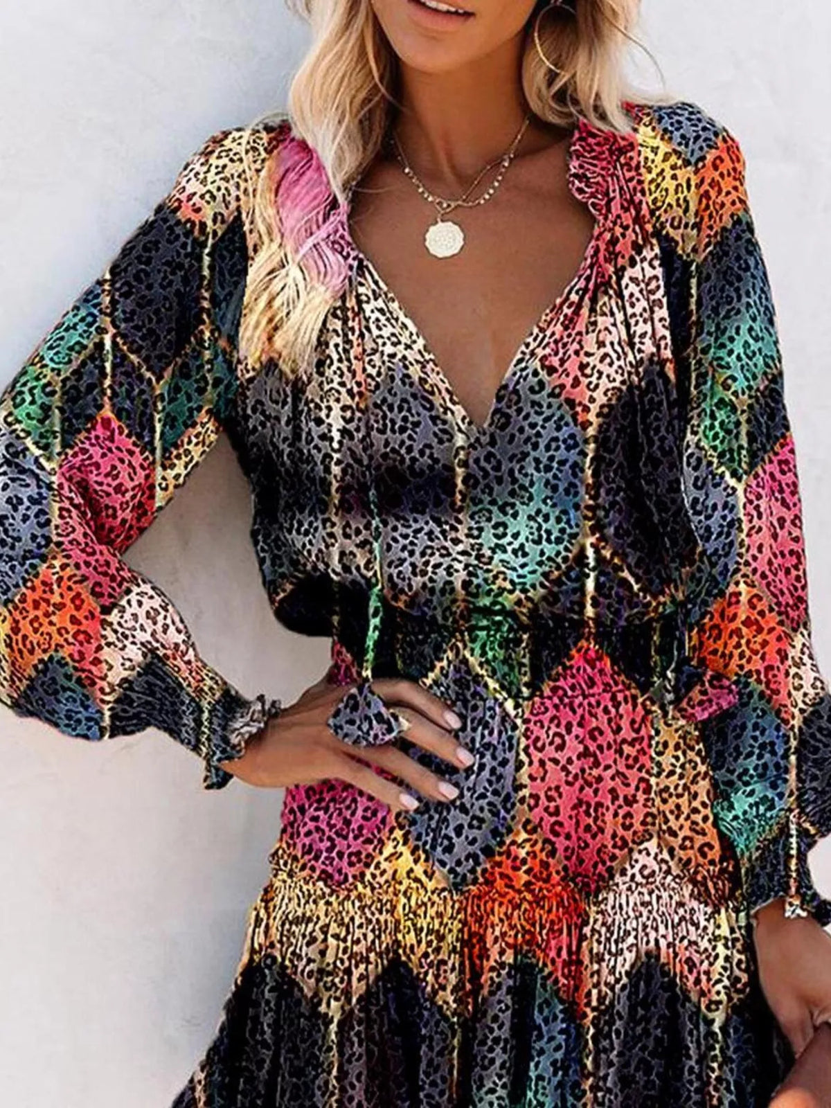 Tie-Neck Lantern Sleeve Dress with Tiered Ruffles