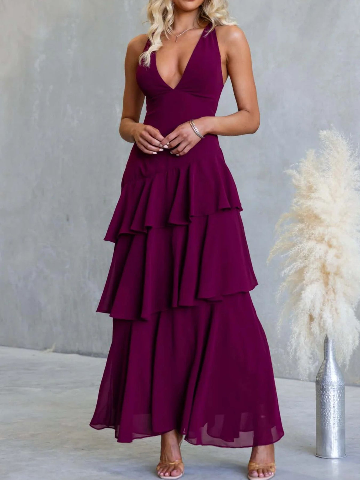 Ruffled Layered Backless Maxi Dress