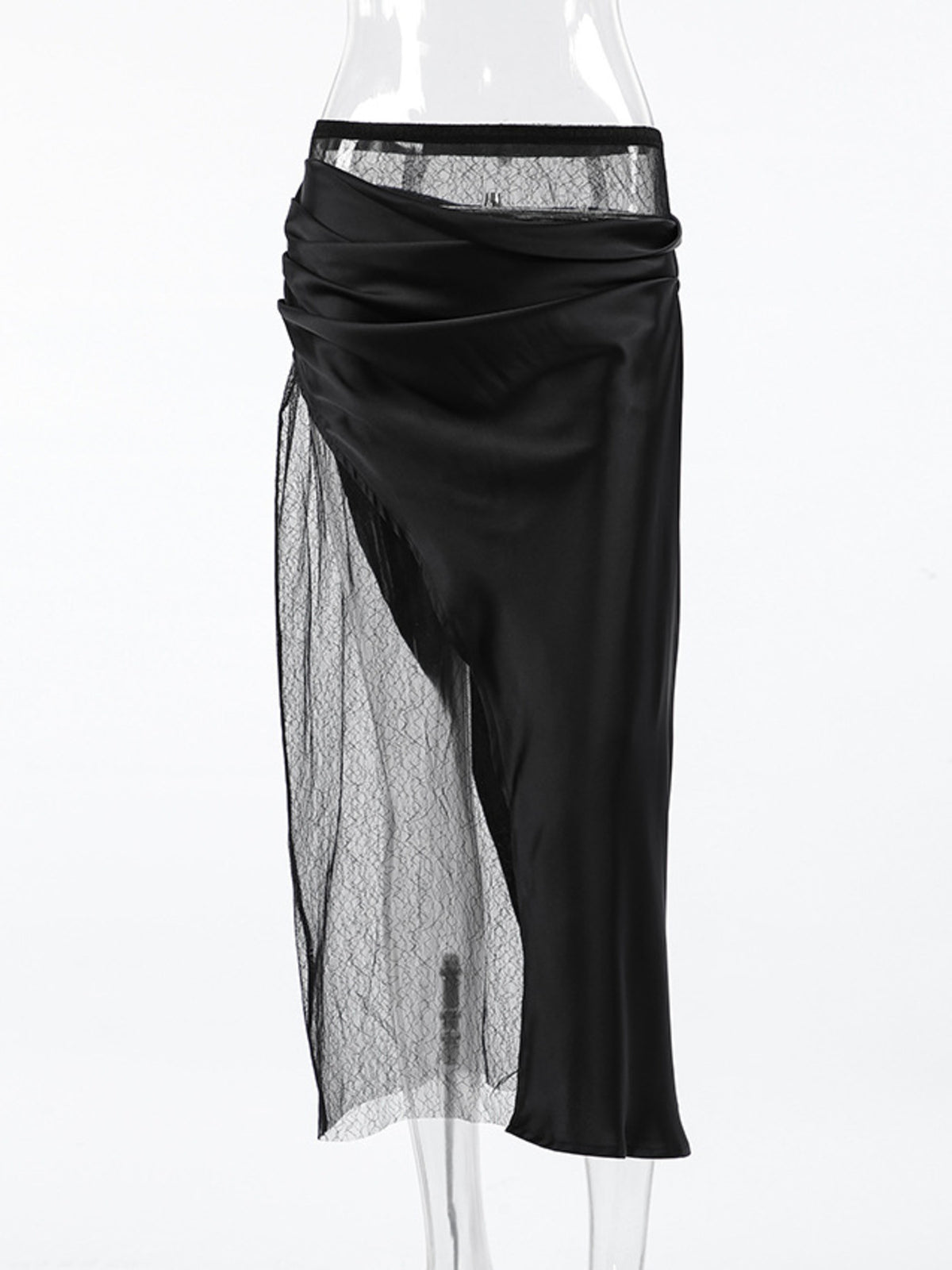 Lace Panel Midi Skirt in Black