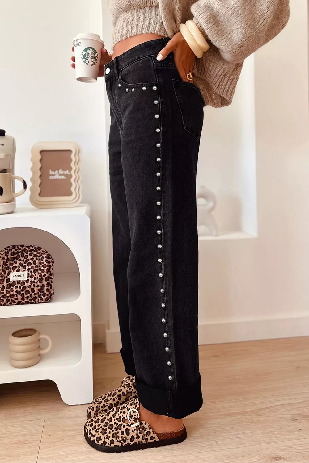Studded Straight-Leg Jeans in Black