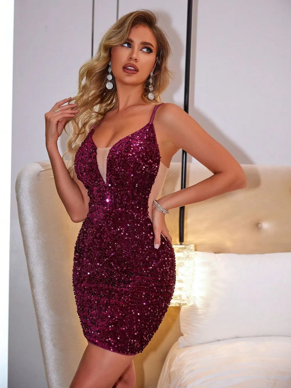 Lace-Up Sequin Plunge Dress in Burgundy by Jubilair