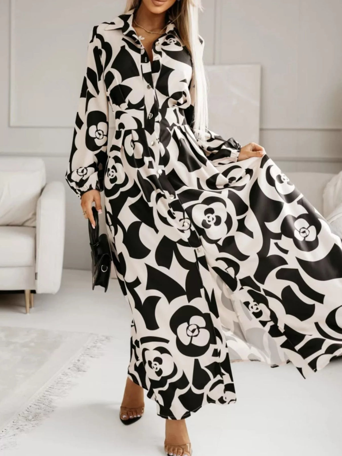 Long Sleeve Ruched Maxi Shirt Dress