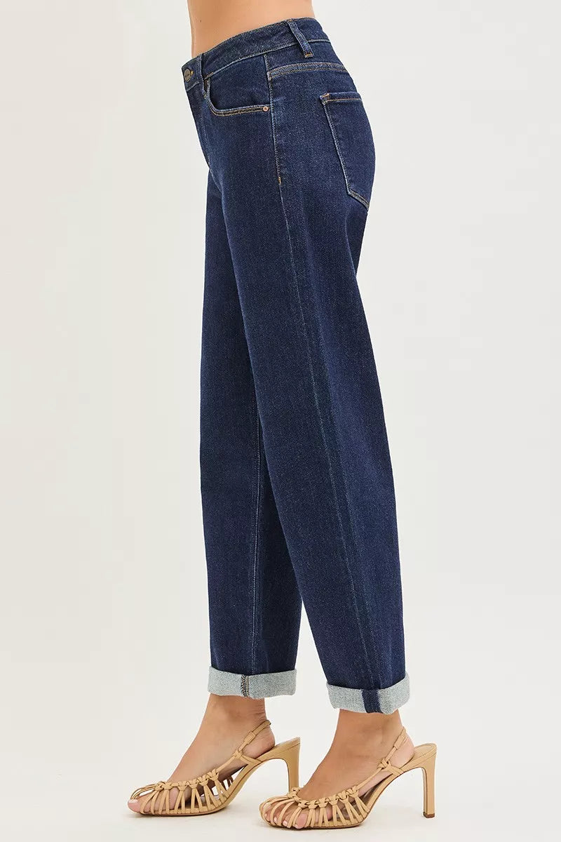 Risen Slouchy Cropped Boyfriend Jeans in Solid Dark