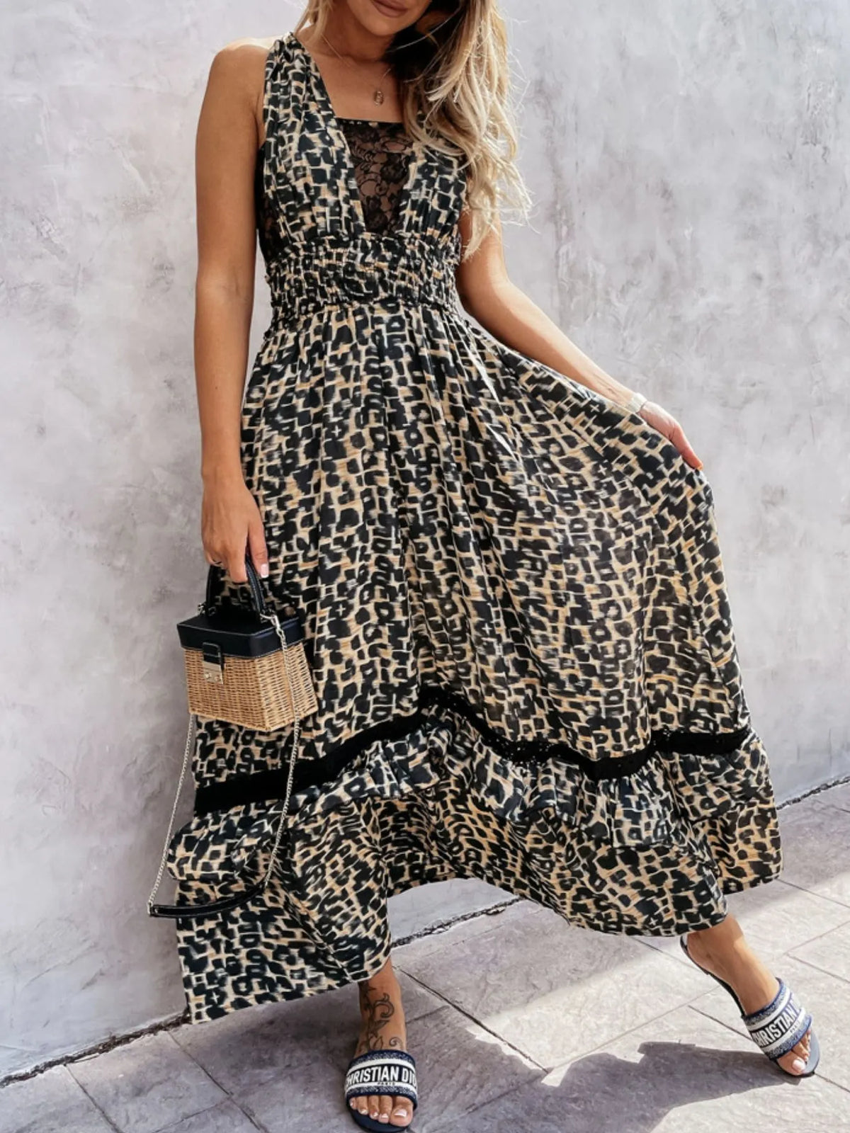 Leopard Print Sleeveless Maxi Dress with Lace Trim in Black