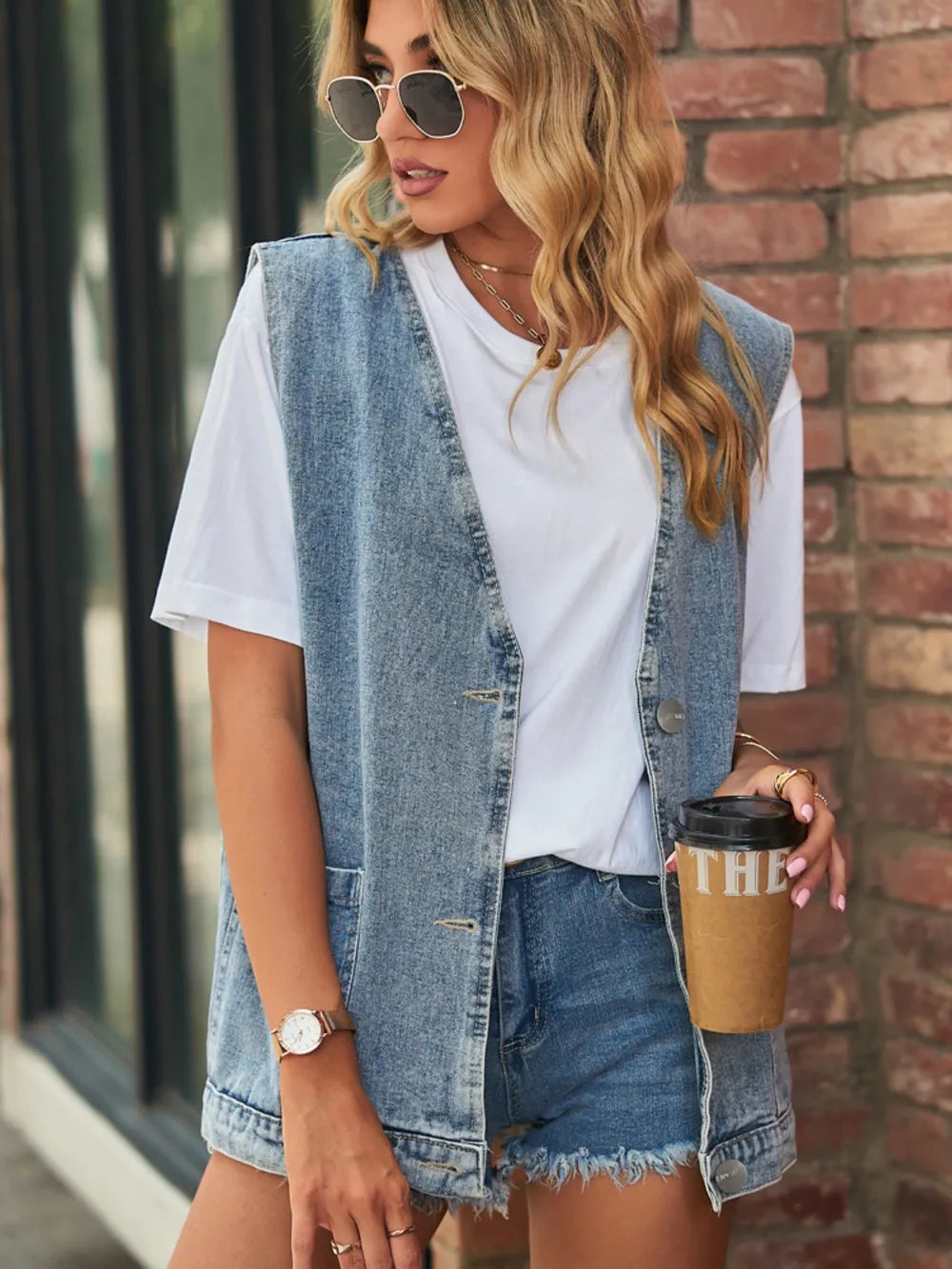 V-Neck Button-Up Denim Vest in Medium by Moni Wear