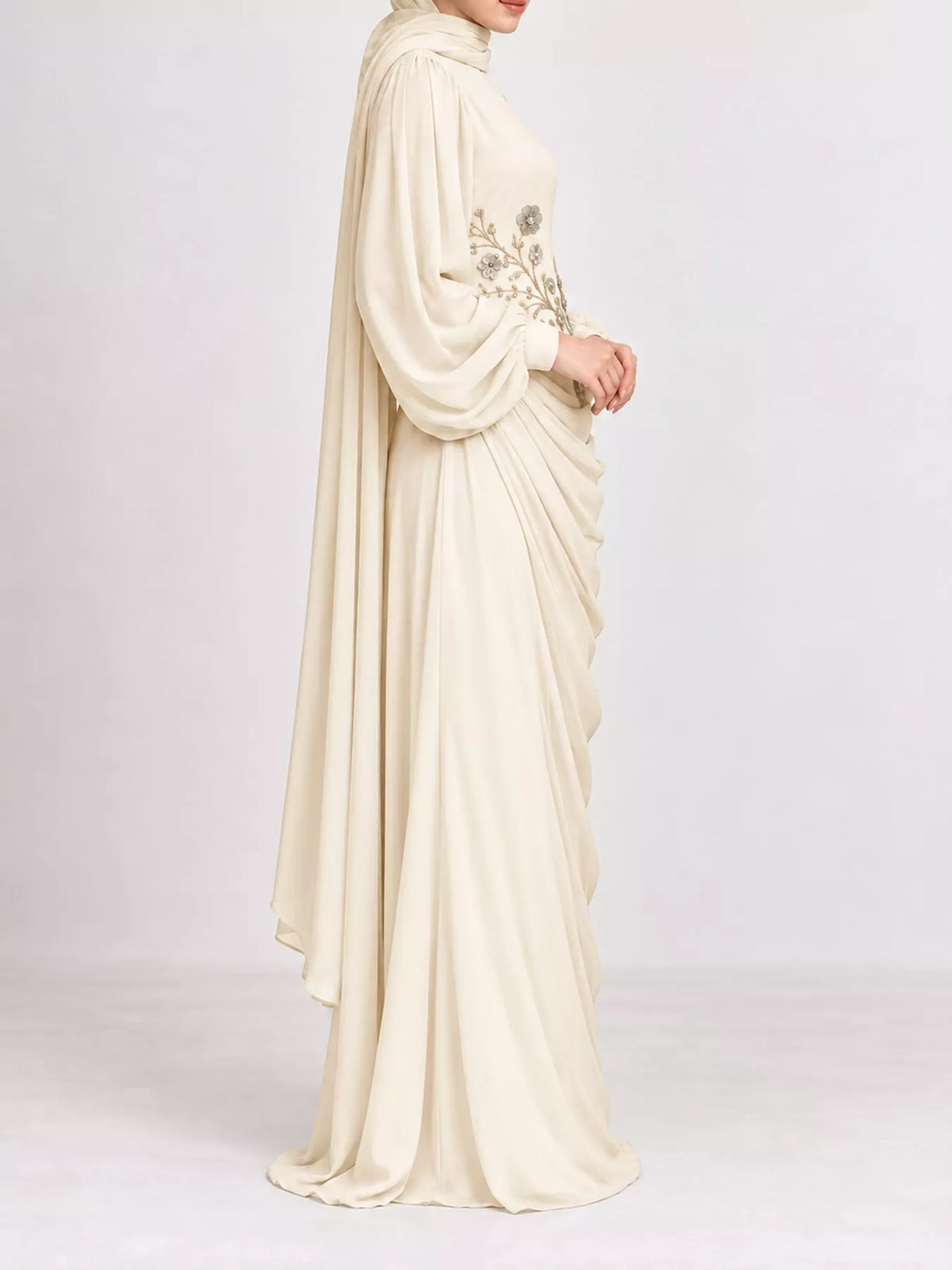 Long-Sleeve Rhinestone Ruched Maxi Evening Dress