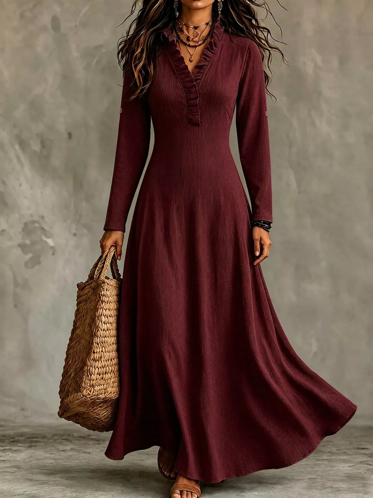 Frill Roll-Up Sleeve Maxi Dress