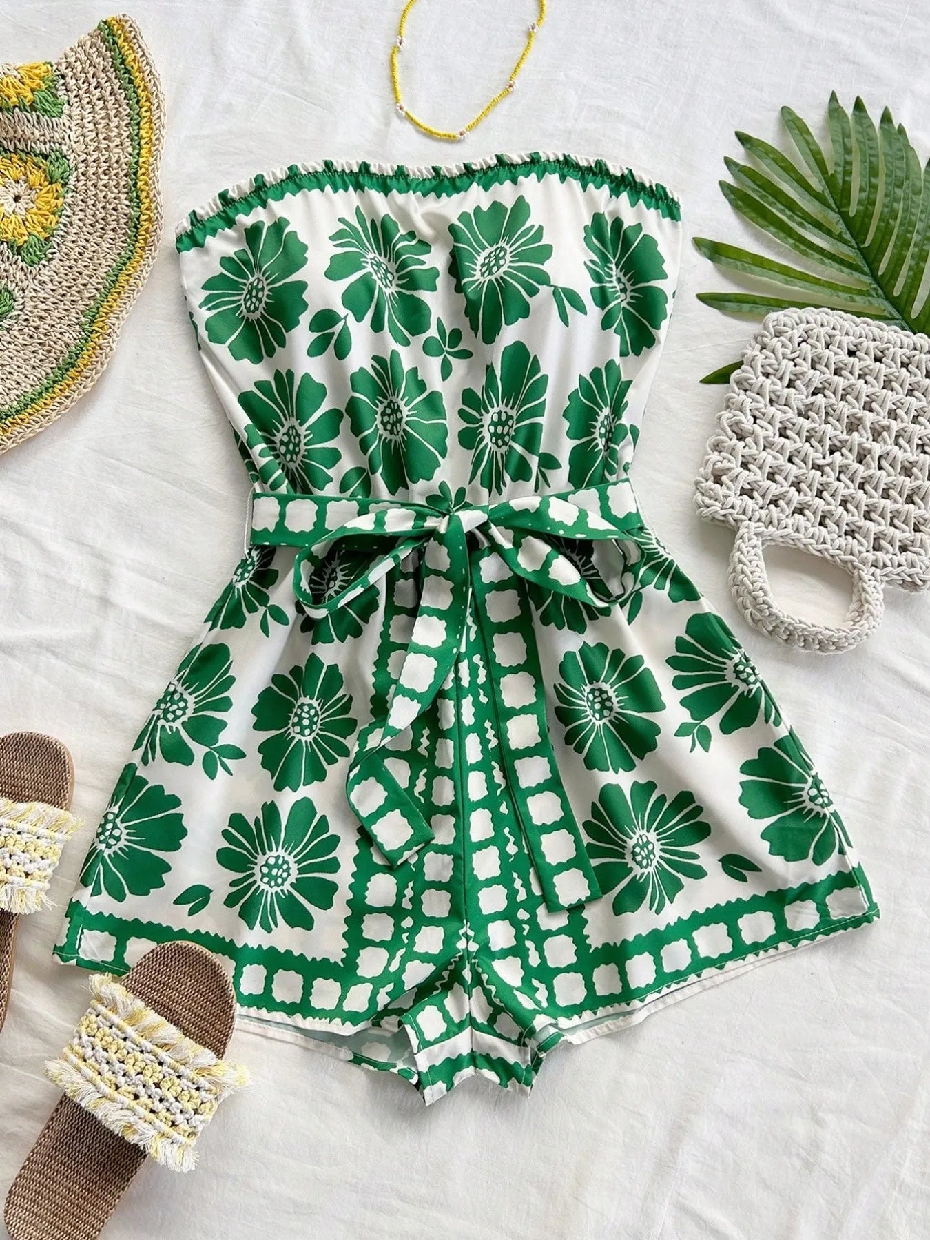 Printed Tube Tie-Waist Romper