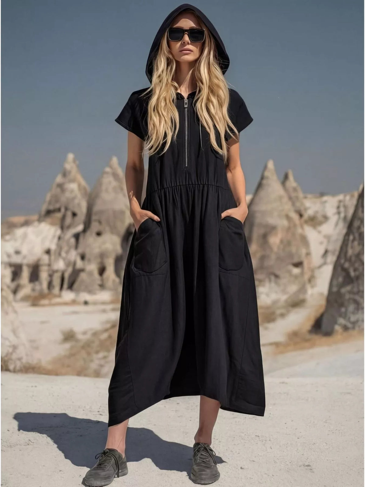 Hooded Midi Dress with Pockets