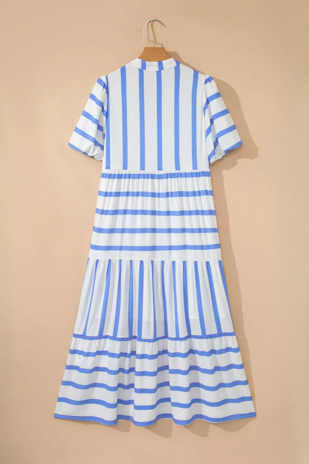 Striped Notched Neck Vacation Dress in Light Blue