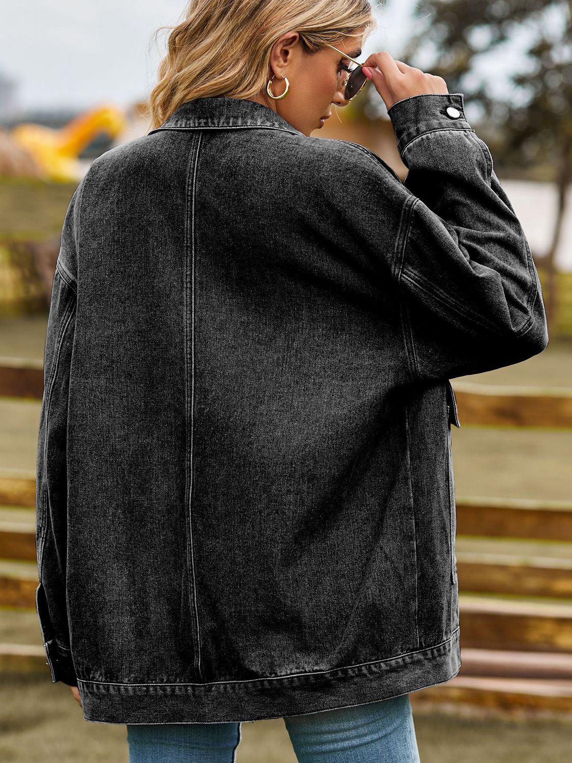 Dropped Shoulder Denim Jacket with Pockets by Manny